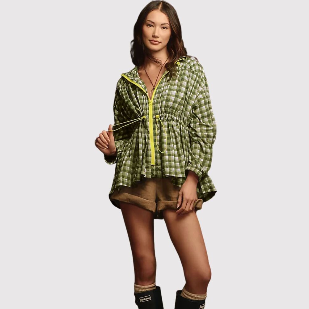 Anthropologie Daily Practice Women Jacket Green Day Hike Hooded Plaid Outdoor XL
